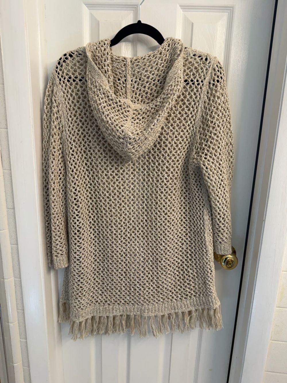 J. Jill Open-Knit Hooded Fringe Sweater in Neutral Beige